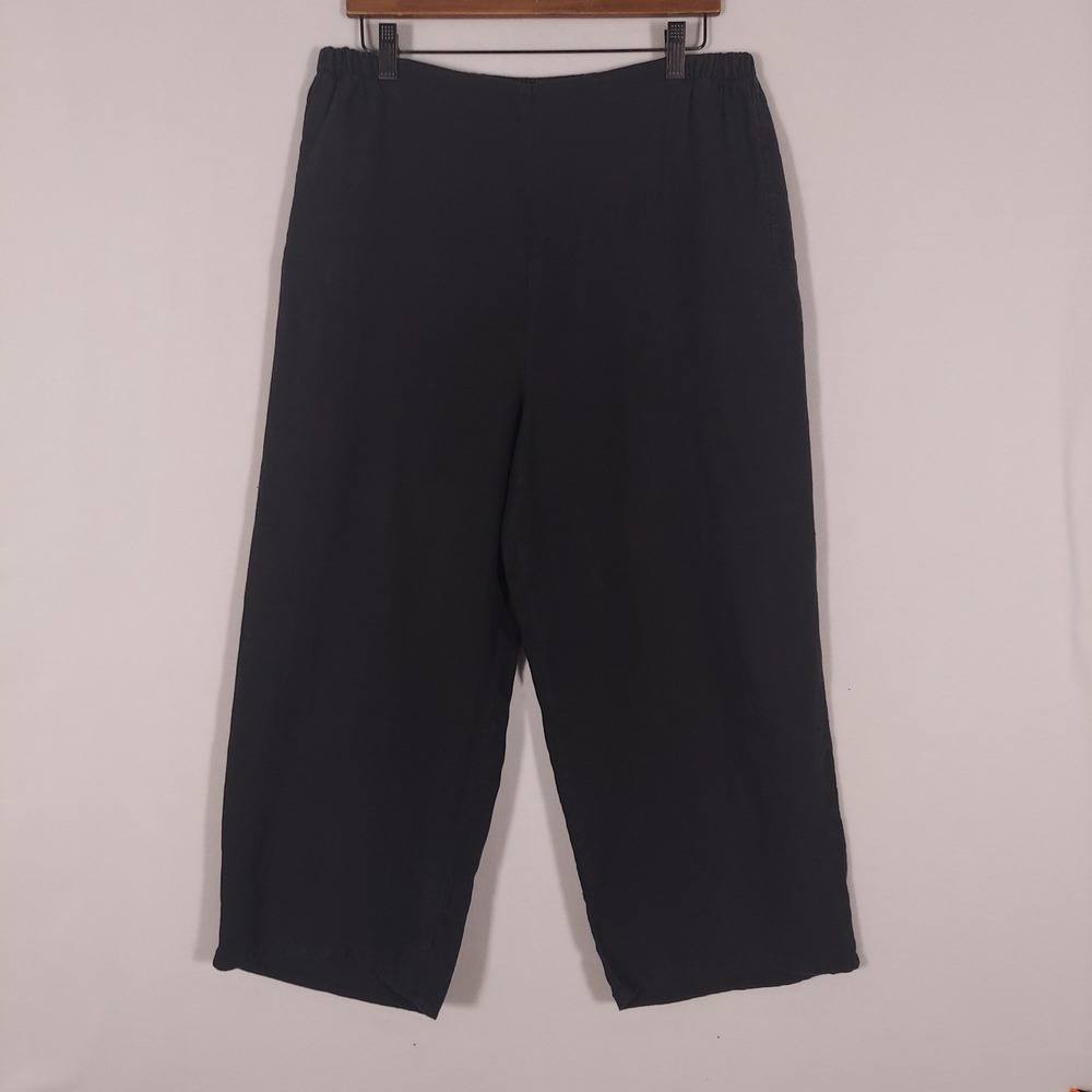 FLAX Linen Pants M Black Wide Leg Cropped Pull On Elastic Waist Lagenlook Pocket